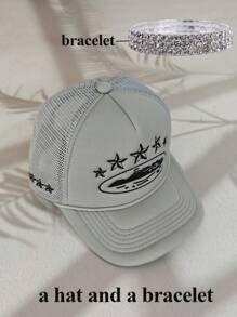 2 pièces Nouvelle mode 8 couleurs réglable Y2K Casquette de protection solaire en maille respirante avec broderie d'étoile à cinq branches, bracelet. Convient pour les hommes et les femmes, pour le printemps/automne, les voyages, les vacances à la plage et le port quotidien