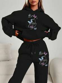 Sweatshirt Set, Pants +  Sweatshirt Printed Circle Butterflies Magic Spring Shiny Cute Animals Warm Comfortable Set - màu đen - Xem 1