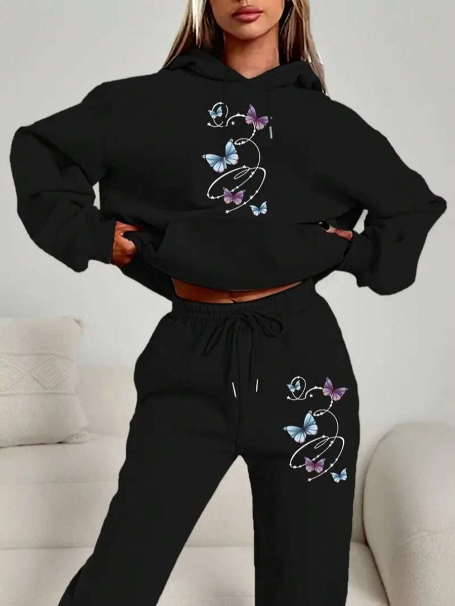 Sweatshirt Set, Pants +  Sweatshirt Printed Circle Butterflies Magic Spring Shiny Cute Animals Warm Comfortable Set - màu đen - Xem 1