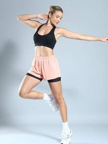 WOMEN'S DOUBLE FITNESS SHORTS IDEAL FOR RUNNING AND THE GYM - 珊瑚粉 - 查看 6