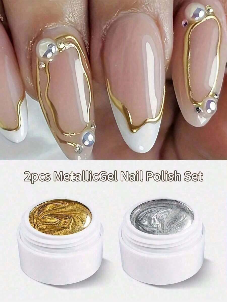XEIJAYI 3pcs Metallic Painted Nail Gel Polish Nail Art Creative Elastic Metallic Painted Glue Painting Drawing Polish Emboss UV Gel Sculpture Design, Magic Mirror Effect, For Manicure DIY - 金色銀色玫瑰金3pcs - 查看 1