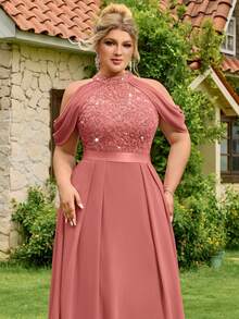 Plus Size Women's Sequin Floral Lace Hollow Shoulder Chiffon Formal Party Dress, Suitable For Prom, Graduation, Wedding, Birthday Party In Summer - Dusty Pink - View 8