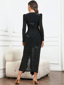Women's Elegant Rhinestone Embellished Ruched Drawstring Waist Flounce Sleeve Dress - Black - View 2