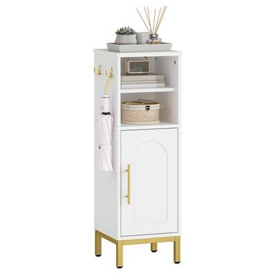 HEXCELEN Bathroom Storage Cabinet, Corner Floor Cabinet With Door & Shelves, 2Hooks, Small Narrow Storage Organizer, Toilet Paper Cabinet For Small Space, White