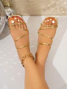 Damen Flip-Flops im Y2K-Stil mit flachen Sohlen in Metallfarbe Gold, modisch vielseitig, leicht und bequem für den Sommer, zum Anschlüpfen geeignet - Gold - Übersicht 5