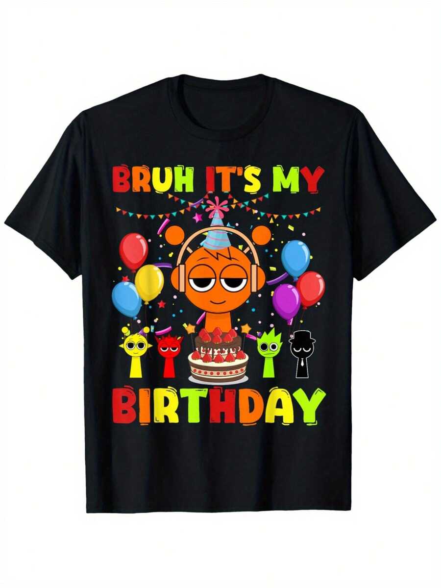 Sprunki Boys Girls Birthday Bruh It'S My Birthday Sprunki Boys T-Shirt For Boys Fashion  Bottoming Shirt Breathable, Casual Comfortable Top Streetwear Fashion Casual Summer Tee Crew Neck Short Sleeve T-Shirt Best Gift For Boy Girl - 黑色 - 查看 1