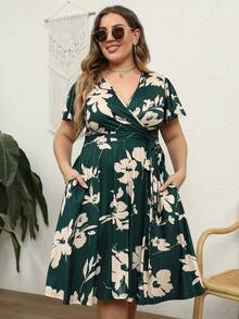 Nemidor Plus Size Floral Print V-Neck Wrap Front Casual Short Sleeve Dress - Dark Green - View 5