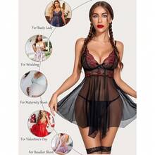 Women Lingerie Lace Babydoll Mesh Nightgown Chemise Boudoir Nighty Sleepwear - Black&Red - 查看 3