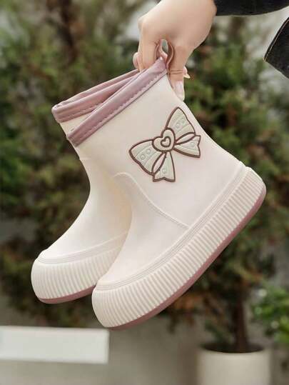 Children's Rain Boots Female Adult Korean Version Of Anti-Skid Cute And Sweet Bow Students Waterproof Warm Thermal Lined Boots Female Outer Wear Water Shoes