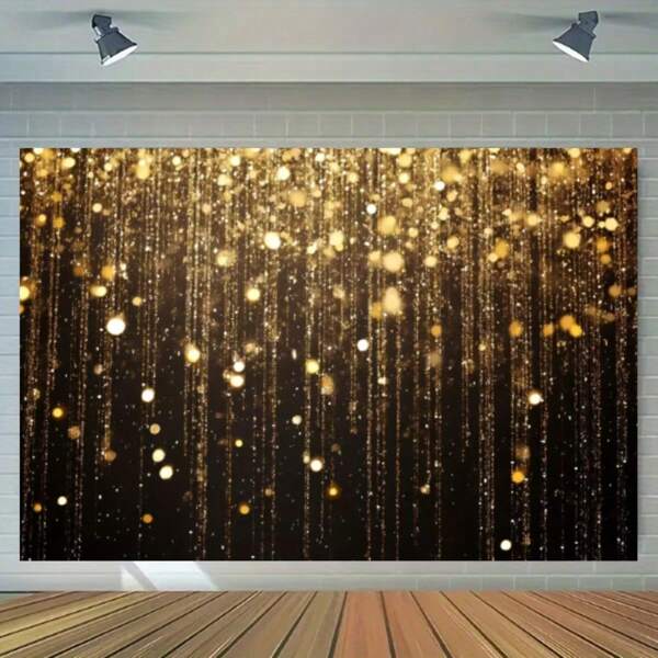A Shiny Golden Curtain With A Black Background Paired With Golden Rain, Sparkling Lights And Sparks, A Multifunctional Polyester Background Fabric Suitable For Luxury Parties And Award Ceremonies, Holiday Party Banners, No Need For Power.