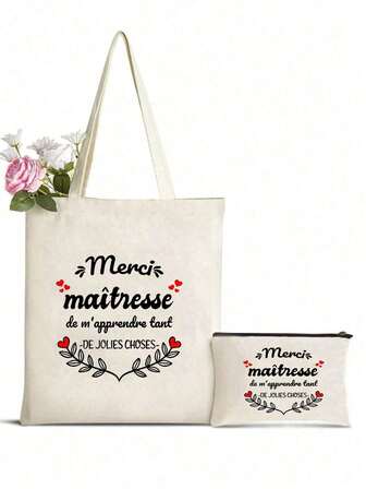 Borsa cosmetica con stampa francese, set di borse a tema insegnante e borse cosmetiche, borsa regalo personalizzata da sposa per damigelle, borsa shopping con stampa lettera e borsa per il trucco, set di borse da spiaggia e vacanza con stampa lettera