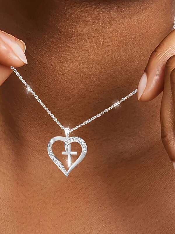 1 Stück S925 Sterlingsilber Herz Kreuz Anhänger Halskette mit synthetischen Zirkonia Steinen, hochwertige Sommer Halskette, bestes Geschenk zum Geburtstag, Abschluss, für Freundin, Geburtstag, Qixi Festival, Valentinstag