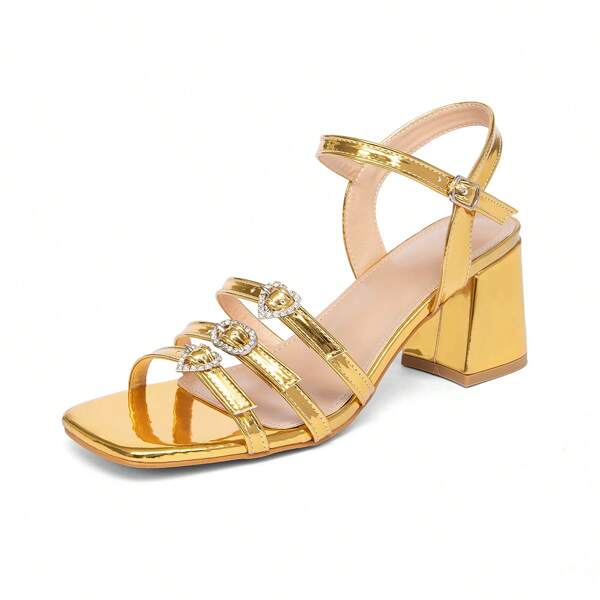Women's Rhinestone Decor Buckle Wide Fit Thick High Heel Sandals