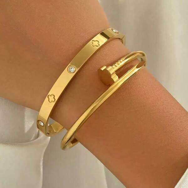 2pcs/Set Bohemian Style Stainless Steel Golden Lucky Clover, Heart, Star Bracelet Set, 18K Plated Rhinestone - Perfect Shopping, Fashion Show And Romantic Date Gift