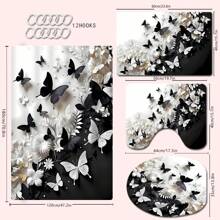 1/2/3/4 Stücke 3D Schwarz & Weiß Schmetterling Blumen Thema Badezimmer Duschvorhang Sets, 12 Haken, Badematte, U-förmiger Toilettendeckel, wasserdichter Duschvorhang, Badezimmerdekoration, moderner Fenstervorhang, ohne Bohren, Polyester, maschinenwaschbar, Herbstdekoration Badezimmer Accessoires Rückkehr zur Schule