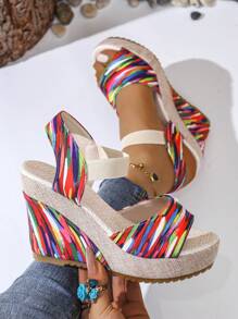 2024 New European Women Platform Wedge Sandals, Outdoor Versatile One-Strap Slides, Sexy Floral Print Beach Casual Slippers, Comfortable Open Toe Shoes, Green Floral Elevated Petite Shoes