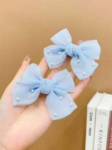 Blue Bow Party Headdress And Faux Pearl Decorative Hair Clips, Pearl Bow Hair Clips, Blue With Pearl Design Suitable For Wearing When Attending A Party, Versatile Party Hair Accessories