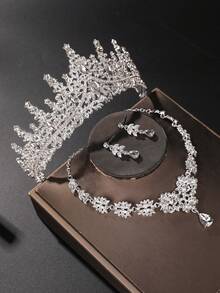 1 套金色新娘配饰，包括水钻头饰、项链和耳环，4 件，适合婚礼、婚纱、派对、舞会和其他庆祝活动 - 銀色 - 查看 4