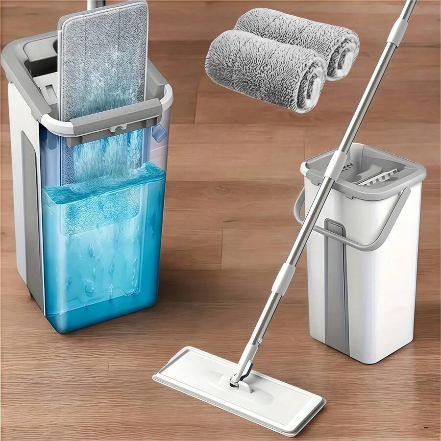 BANBERS Mop And Bucket Set With Wringer, With 2 Reusable Microfiber Pads With 360° Flexible Rotation, Hands-Free Flat Mop And Bucket With Long Handle For Floor Cleaning And Wall Cleaning