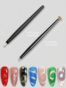 2支装多功能双头花形美甲磁性笔 - 强力猫眼磁棒，适用于凝胶指甲油和钢珠，专业美甲沙龙工具，可用于DIY美甲设计 - 黑色 - 查看 6