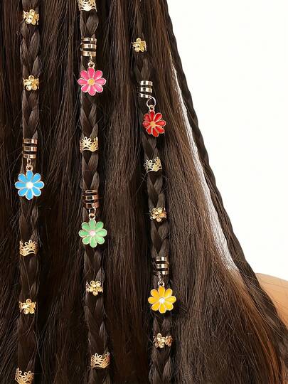 45pcs Colorful Gold & Silver Daisy Hair Accessories, Punk Y2K Cute Hair Clips, Bohemian Style, Round, Floral Print, Solid Color, Suitable For Ramadan Festival Party And Daily Wear Hair Rings And Braid Cuffs, Hairpin