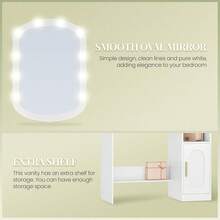Dressing Table With Oval Mirror, Dressing Table With LED Lights, Adjustable Brightness, Vanity Desk With Drawer, Cabinet And Open Compartments, Modern Bedroom Dresser, White - White - View 4