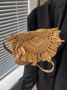 Bolso cruzado de macramé hecho a mano con borlas para mujer, bolso vintage, bolso de viaje, bolso para teléfono, bolso femenino, bolso de hombro, bolsos de paja para el verano hechos a mano con borlas, bolsos de playa 2025 de rafia y ratán trenzado, bolsos de hombro cruzados de vacaciones, embragues