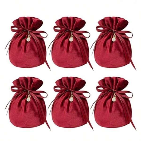 Unique 6/10 Piece Velvet Bag, Round Bottom Drawstring Velvet Gift Bag Jewelry Candy Gift Bag With Faux Pearl Ornament For Wedding Birthday Party Gifts - Red