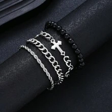 Set de 4 pulseras de acero inoxidable con cuentas en forma de cruz, estilo punk, para hombres, regalo