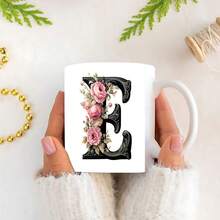 1pc Black Letter Floral A-Z Print Coffee Mug, Pink Floral, Alphabet Floral Coffee Mug For Office And Home, Alphabet Ceramic Coffee Mug, Women'S Birthday Gift, Mom, Best Friend, Bride, Bridesmaid Gift, White Tea Cup, Mother'S Day, Father'S Day Gift 11oz