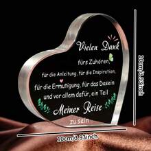 1pc Heart-Shaped Acrylic Thank You Plaque For Teacher, Mentor, Or Boss – German Inspirational Quote Sign For Desk Decor, Office Display, Or Graduation Gift – Elegant Farewell Or Holiday Appreciation Keepsake