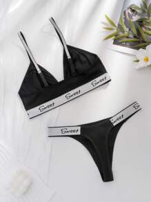 Women's Black Wirefree Sports Lingerie Bra & Thong Set, Comfortable, With Metallic Letter Decor