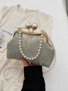 新款中国风刺绣手提包女2024夏季新款时尚手提珍珠手拿包斜挎包 - 淺藍色 - 查看 2