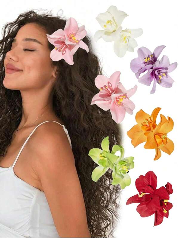 6pcs/1pc 6 Colors Artificial Flower Hair Clips, Bohemian Flower Hairpin Hawaiian Hairpin For Seaside Holiday, 3.5 Inch Bridal Hair Bobby Pins Headwear For Women(Twin Flowers), Claw Clips, Hair Claws, Hair Slide, Hair Barrettes
