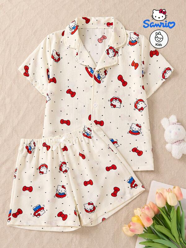 Sanrio Nuevo conjunto de pijama de verano para el hogar para niñas con estampado de Hello Kitty de Sanrio y mariposa roja, con top con botones y pantalones cortos, de moda, informal, lindo, adecuado para usar en casa, pijamada, el mejor regalo para niños y amigos