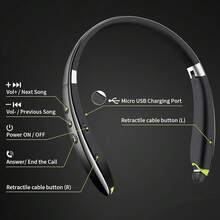 Nuevo conjunto Bluetooth-88, Auriculares Bluetooth tipo collar Ged con auriculares retráctiles, auriculares estéreo con cancelación de ruido y micrófono, audífonos inalámbricos plegables para deportes y estuche de transporte - Negro - Ver 5