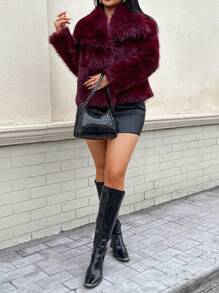 DEEKA秋冬新款加厚仿狐狸毛领连帽中长款人造皮草大衣年轻时尚 - 酒紅色 - 查看 6