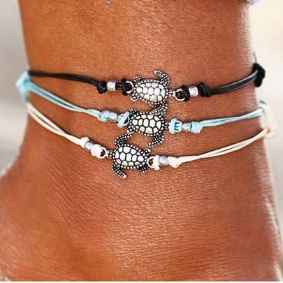 1 件手工复古海龟/海龟编织麻绳脚链，男女通用夏季海滩时尚配饰