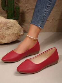 Women's Solid Color Flat Shoes, Comfortable Slip-On Soft Bottom Shoes, Casual Versatile Ballet Flats - Burgundy - View 6