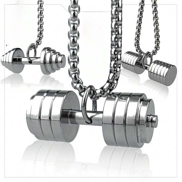 Stainless Steel Dumbbell Pendant Necklace, Fashionable Sports Accessory For Men