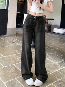 女士口袋阔腿宽松日常休闲牛仔裤