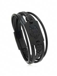 1pc Punk Style Men's Leather Bracelet, Alloy Magnetic Wolf Head Woven Leather Cord Bracelet, Jewelry Gift