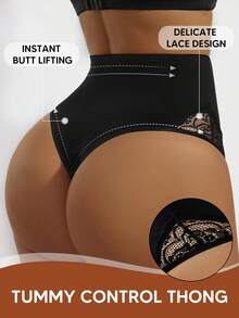 Plus Size Lace Tummy Control Thong - Seamless Shapewear, Mid-Waist Design - Black - View 3