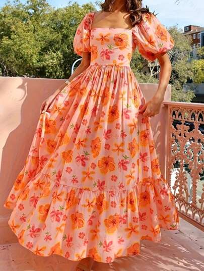 夏季法式方领泡泡袖碎花连衣裙，高腰褶皱度假风连衣裙，优雅