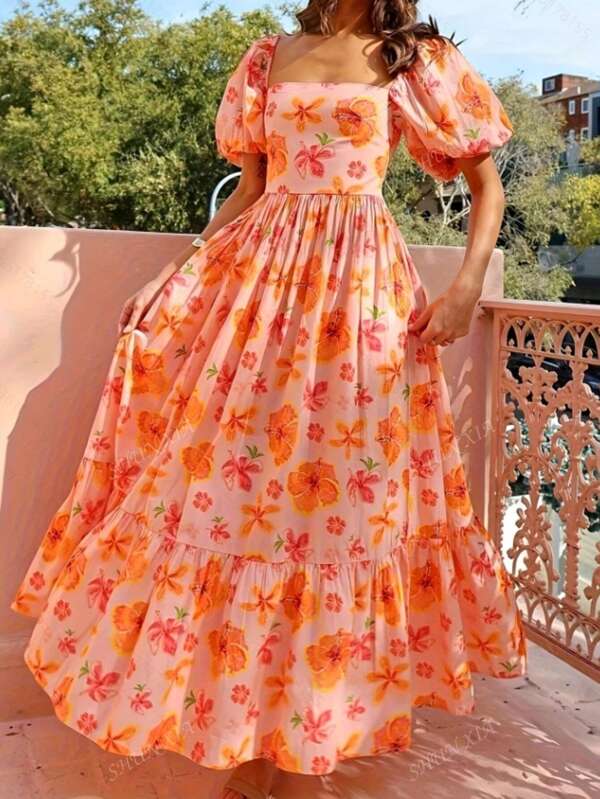 Summer French Square Collar Puff Sleeve Floral Dress, High Waist Pleated Vacation Style Dress
