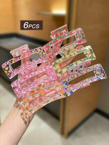 6个装女士彩色方形发夹，饰有水果、花朵、蝴蝶印花元素。甜美可爱风格，大号发爪，夏季度假配饰，女士发饰。适合日常休闲佩戴和外出。夏季配饰套装，发饰，女士配饰，返校季发饰，沙滩配饰。优雅发爪夹 - 彩色 - 查看 7