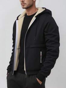 1 pieza Chaqueta con capucha y forro térmico para hombres para otoño/invierno, Chaqueta deportiva con cremallera de unicolor y casual, Exterior de tejido de punto de poliéster, Ajuste regular, Apropiada para deportes, senderismo y uso diario, Con bolsillos con cremallera