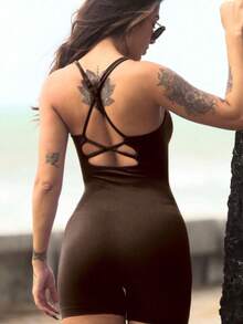 Seamless Sports Romper, With Removable Pads, NO Butt Lift, Cross Straps - 咖啡棕 - 查看 2