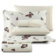 100% Cotton Queen And Double Bedspread + Sheet 6 Pieces - 卡其色蝴蝶 - 查看 2
