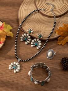 4 件套波西米亚风格时尚复古古铜色绿松石项链、耳环、戒指和手链首饰套装，适合服装搭配、日常和节日穿着 - 白加藍 - 查看 5